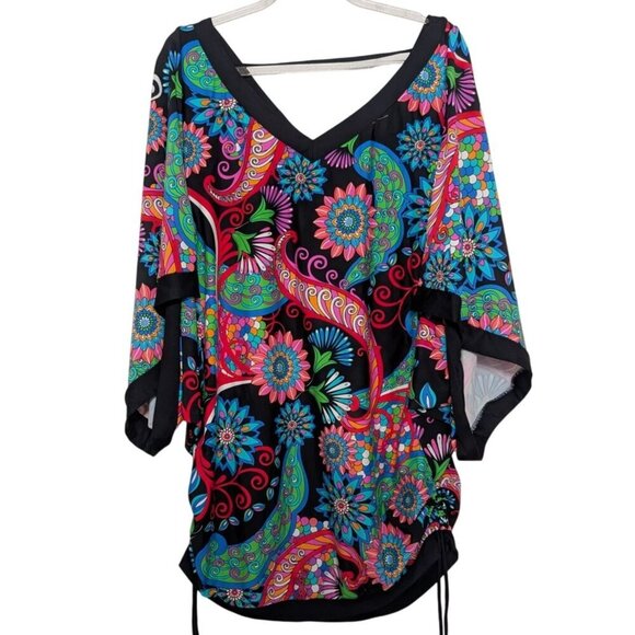 Swim Systems Collection Floral Cover up Womens Size Large Black Dolman Sleeve - Picture 1 of 12